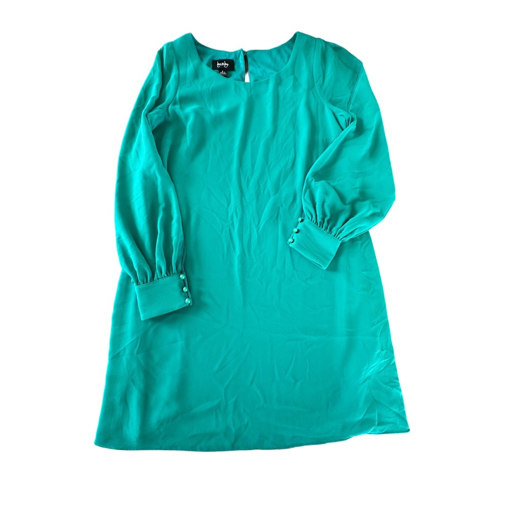 By & By Emerald Green Bishop Sleeve Shift Dress Round Neck Button Cuffs Small
